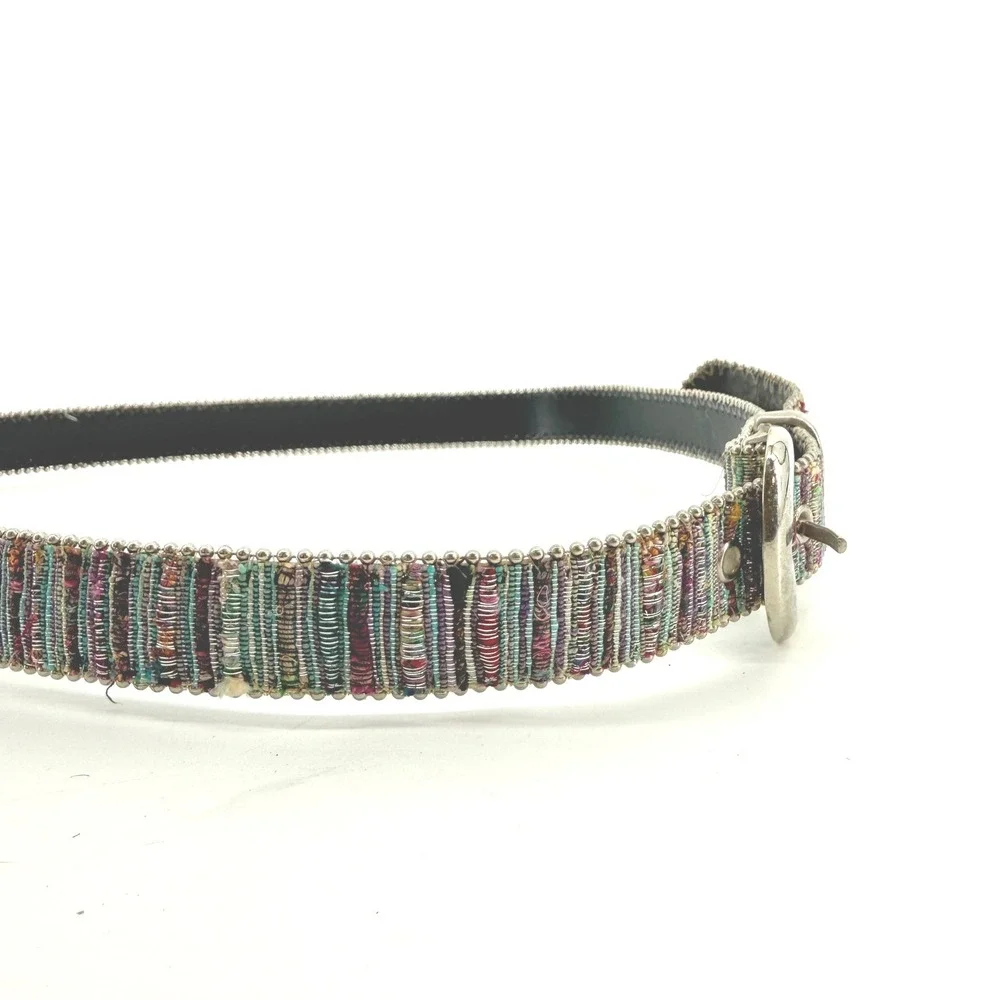 Elite Belt Women ML Multicolor Woven Metallic Beaded Silver Buckle Boho 1072